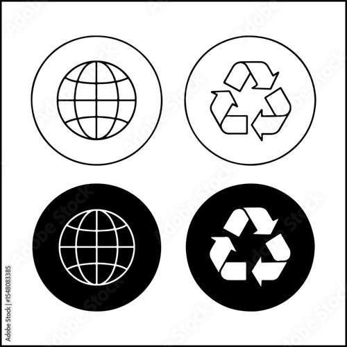 Environment icons of globe and recycle symbol in line art and silhouette