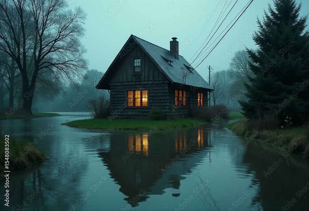 Fototapeta premium Cottage with Lantern Light in Rainy Flood