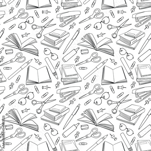 Seamless pattern with open and closed books, pens, pencils and glasses. Vector outline background drawn with doodle elements. For back to school theme, library, wrapping paper, wallpaper.