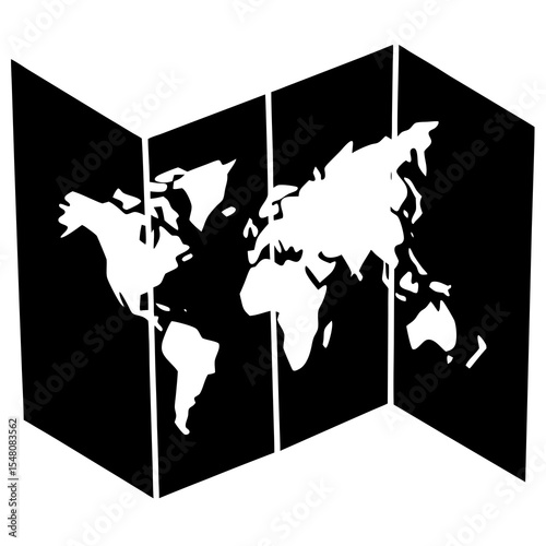 Black and white world map, folded 3-panel, geographic illustration, global map