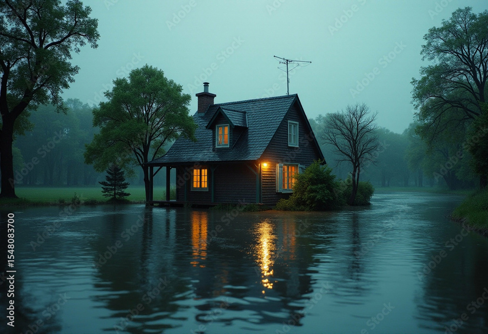 Fototapeta premium Small House in Deep Water at Twilight