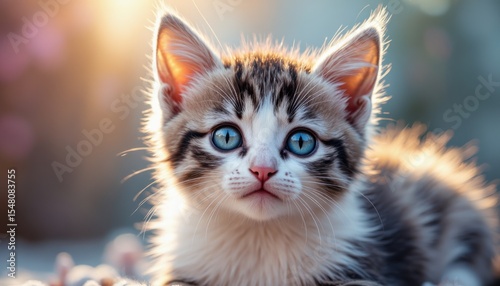 Playful kitten with striking blue eyes indoor setting adorable pet photography warm light environment close-up view