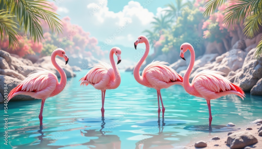 Obraz premium Flamingos gathering by tranquil waters tropical paradise wildlife photography serene environment close-up view nature's beauty