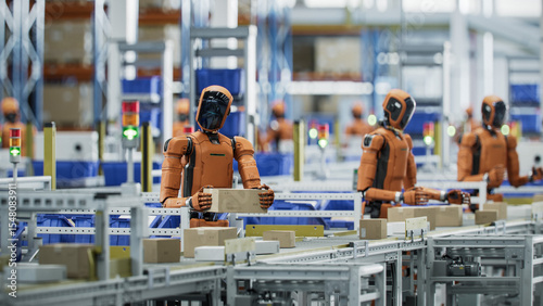3D Render: Autonomous AI-Enabled Humanoid Robots Work at Fulfillment Center. They are Move Boxes and Sort Packages. Automated Warehouse or Logistics Center with General Purpose Humanoid Robots