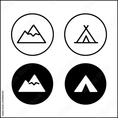 Mountain adventure icons of mountain and tent in line art and silhouette