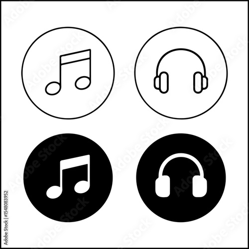 Music icons of musical note and headphones in line art and silhouette