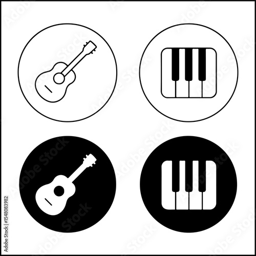 Musical instrument icons of guitar and piano in line art and silhouette