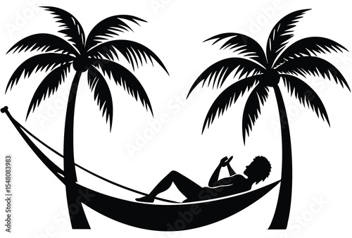 relaxing in hammock under palm tree silhouette vector simple icon flat design summer vacation