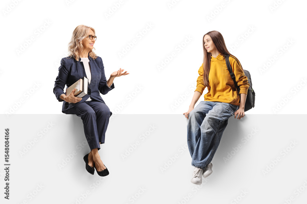 Fototapeta premium Woman seated on a panel holding a book and talking to a young female student