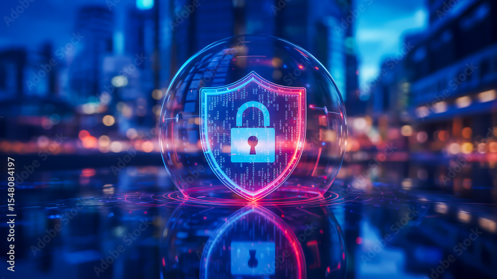 Obraz premium A digital security concept image featuring a glowing blue and red shield icon with a padlock symbol in the center, floating above a reflective dark surface