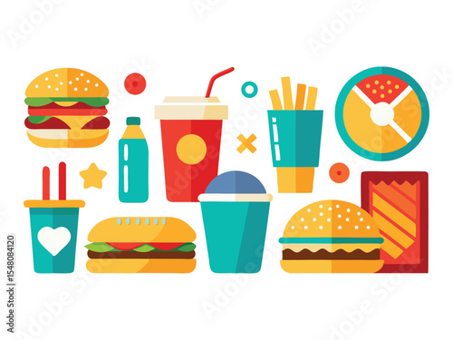 A collection of colorful fast food items including burgers french fries drinks and a small container of sauce isolated on white background
