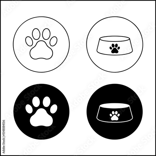Pet care icons of paw print and pet bowl in line art and silhouette