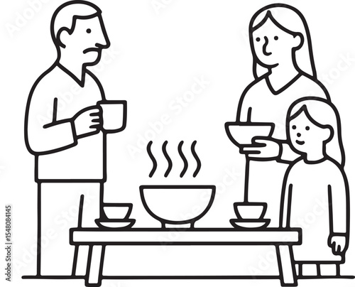Minimalist Family Scene Around Table Line Art Illustration