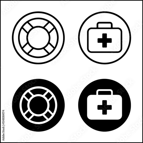Rescue icons of lifebuoy and first aid box in line art and silhouette