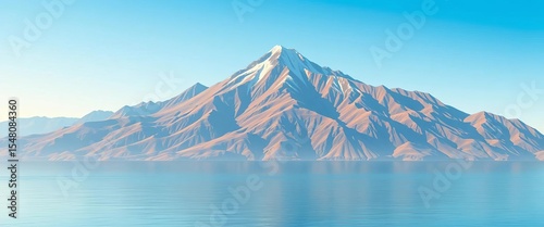 Flat vector illustration of a mountain range descending to a calm sea  , shore, land