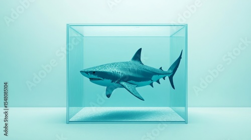 Minimalistic image of a shark inside a cube tank, symbolism of invisible constraints generative ai