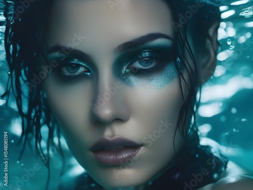 Underwater Portrait: Ethereal Beauty with Teal Eyeshadow and Wet Hair