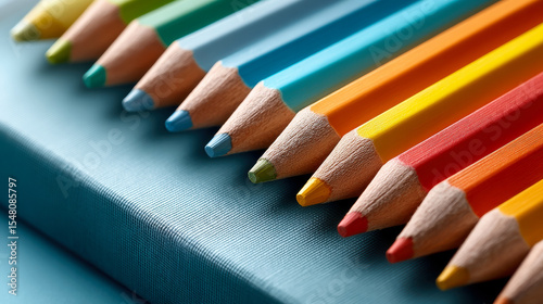 A vibrant collection of colored pencils arranged neatly on a background, showcasing a spectrum of colors ideal for art and creativity