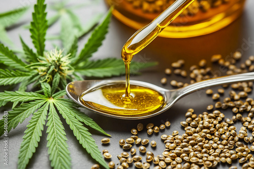 High-quality golden cannabis oil with cannabis leaves and seeds Generative AI