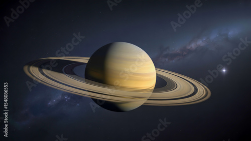 A photograph of Saturn, the sixth planet from the Sun, dominating a deep black, star-dusted expanse.