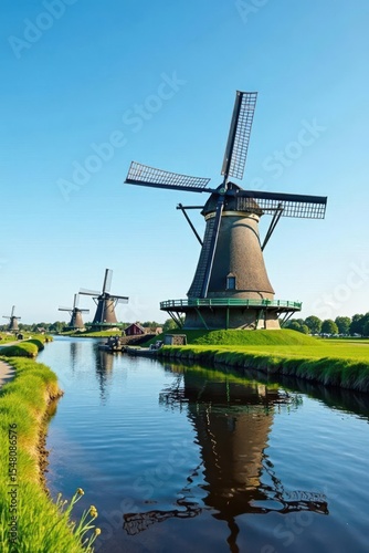 Classic Dutch windmill, canals, blue sky, wind, picturesque, farm, netherlands