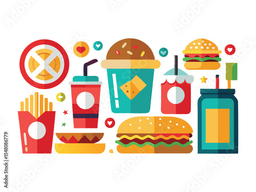 A vibrant flat design illustration featuring a collection of popular fast food items including burgers fries drinks and a hot dog all isolated on white background
