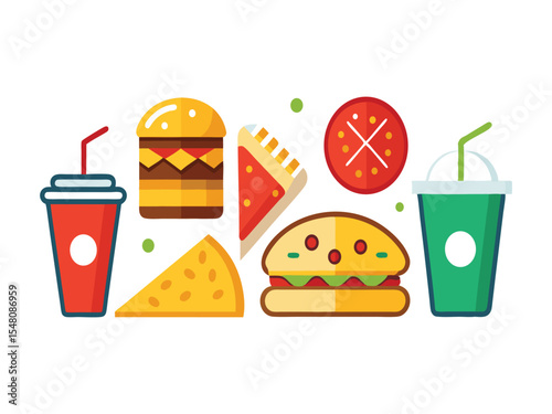 Collection of stylized fast food items including burgers pizza slices drinks and cheese wedges isolated on white background
