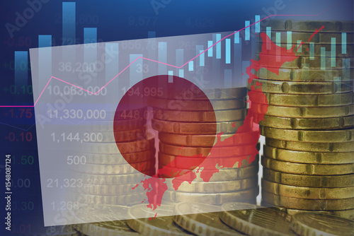 Japan flag on stock investment trading with graph.