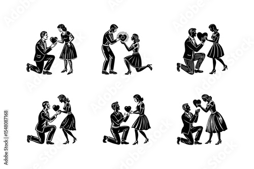 man knee gives heart symbol to his woman vector art silhouette