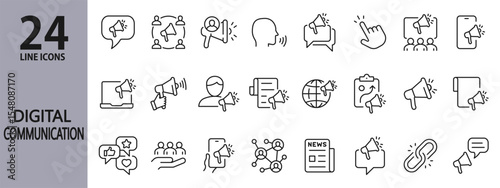 Digital Communication line icons set with Marketing, Megaphone, Promotion, Talk, Loudspeaker, Communicate and more. Editable Stroke