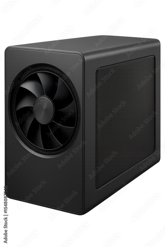 Obraz premium Powerful small form factor computer cooling down with fan on transparent background