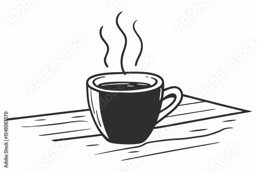 Flat Vector Coffee Cup with Steam on a Wooden Table Design
