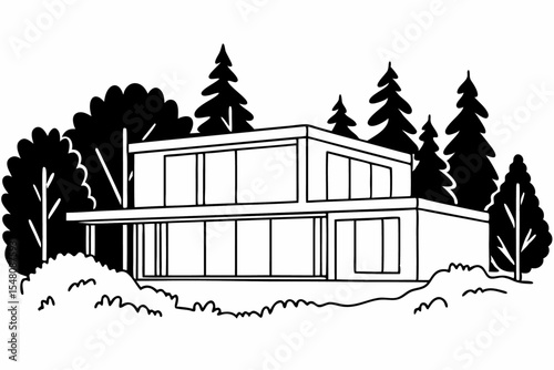 Modern Flat Design House Surrounded by Trees Vector Illustration