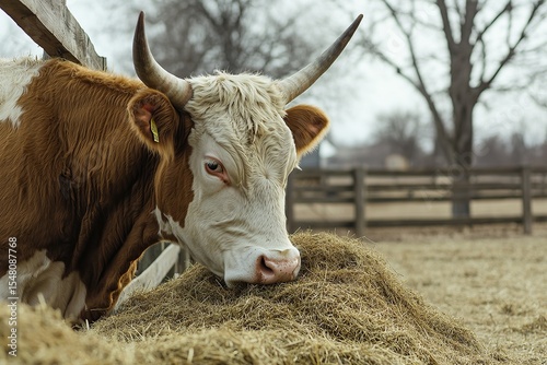 Cows eating hay in their pen on the farm, close-up shot, side view, white background