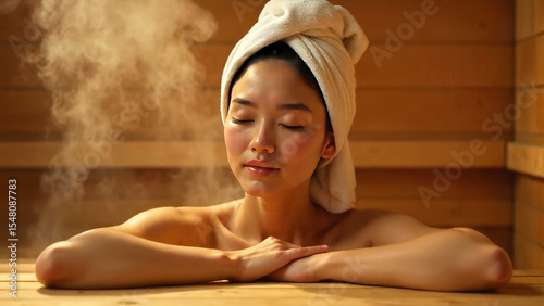 Asian young woman relaxes in a heated sauna, draped with a towel, in a traditional wooden steam room reminiscent