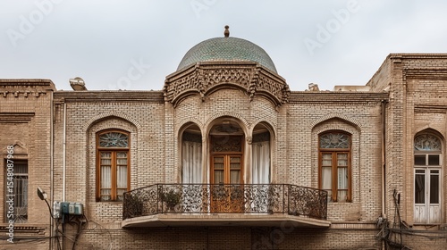 Front view of historic Iranian house with intricate brickwork, wooden windows and central dome perfect for architectural documentation and traditional Middle Eastern housing photo