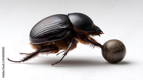 A dung beetle rolling a ball of dung on a white background.