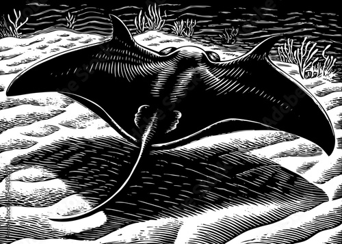 stingray gliding over sandy seabed with wide wings, a black and white sketch vector