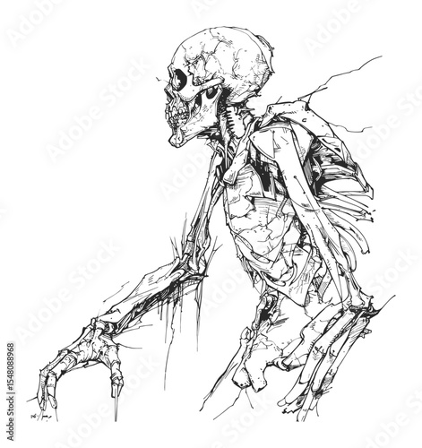 Creepy Skeletal Zombie Creature Black and White Ink Illustration