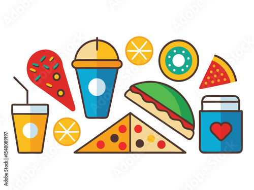 Collection of colorful flat design fast food icons including pizza slices drinks a sandwich donuts and a heart symbol isolated on white background
