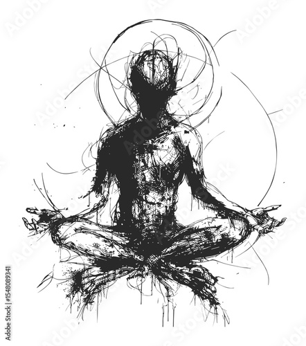 Abstract Meditative Human Figure with Energetic Flow Black and White Illustration