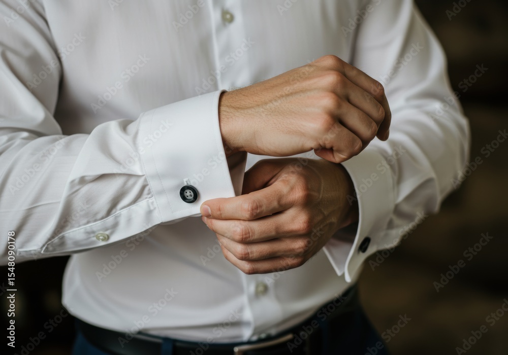 Obraz premium Buttoning a Shirt Cuff with Hands a Concept for Getting Dressed for a Business Meeting or a Formal Event