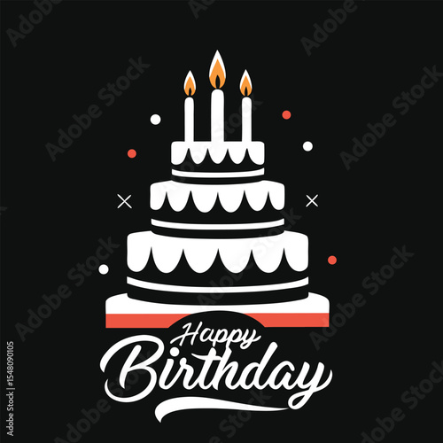 Three Tiered Birthday Cake with Candles on a Black Background