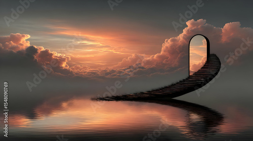 of crystal leading into the sky, ending at a floating mirror door