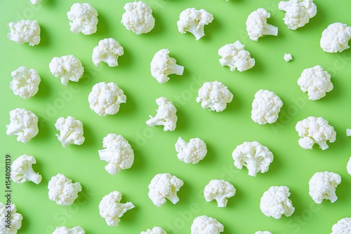 Crisp, pure white broccoli heads scattered on a bright green background,