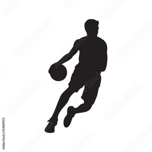 Silhouette of a basketball player dribbling, airborne with the ball, leaping to shoot, dynamic action pose, Vector Illustration.