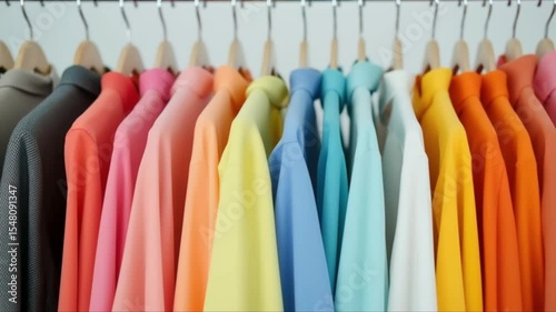 Wallpaper Mural Array of vibrant polo shirts displayed on wooden hangers in rainbow color arrangement Torontodigital.ca