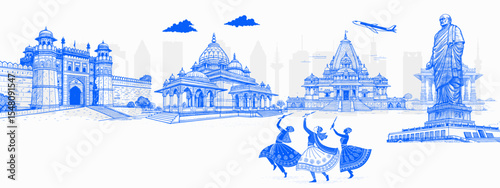 Gujarat Skyline Panorama with Statue of Unity, Dwarkadhish Temple, Modern Buildings, and Cultural Landmarks – Suitable for Blogs, Websites, and Magazine Covers