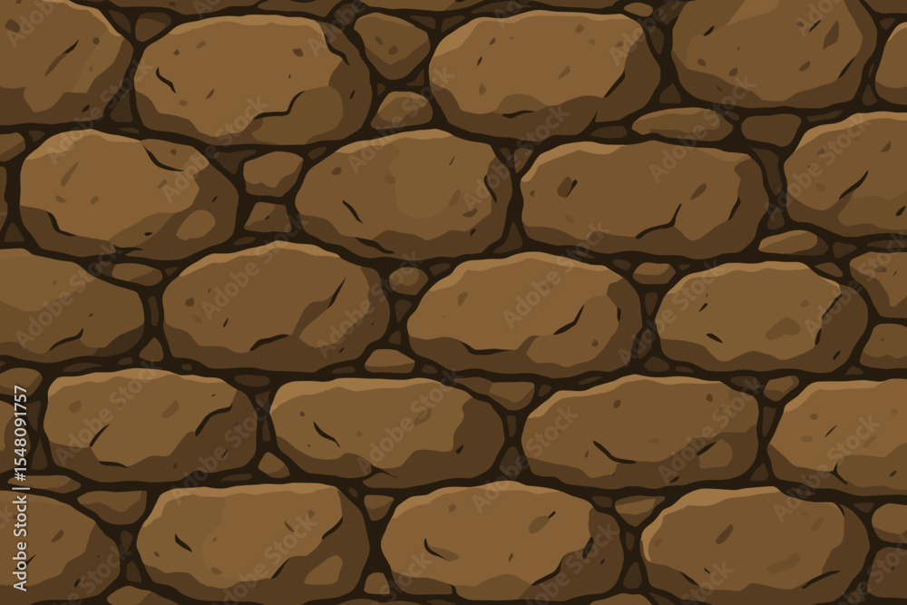 Cartoon stone wall seamless pattern. Vector background with rustic brown cobblestone texture. Hand-drawn rock surface, ancient masonry for game art, fantasy or medieval building.