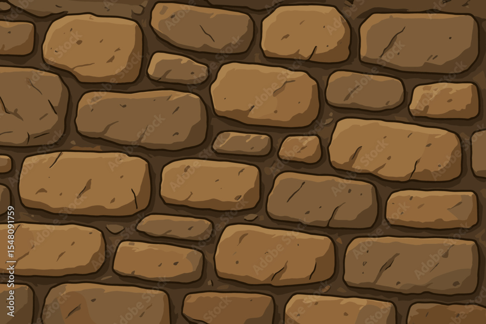Cartoon stone wall texture seamless pattern. Vector background for game design. Rustic medieval brown rock stonework. Old ancient cobblestone masonry illustration for fantasy setting.